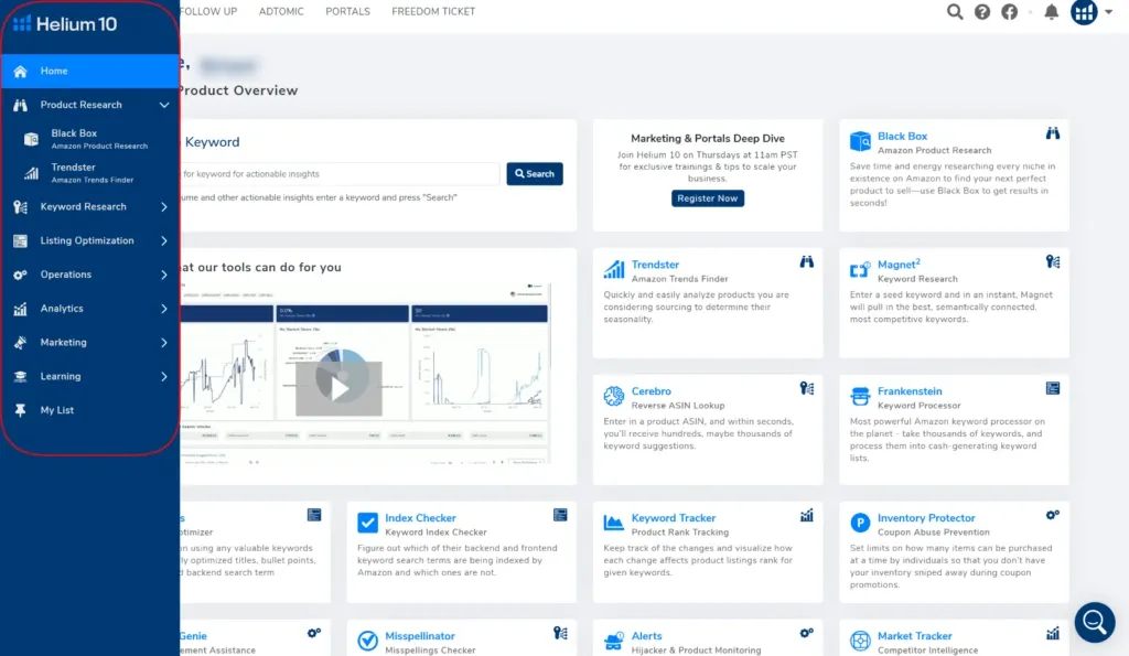 Helium 10 dashboard