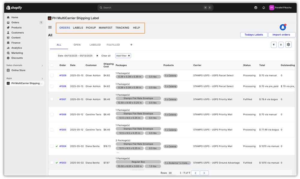 PH MultiCarrier Shipping Label dashboard inside Shopify admin showing orders, carrier services, labels, pickup, and tracking tabs