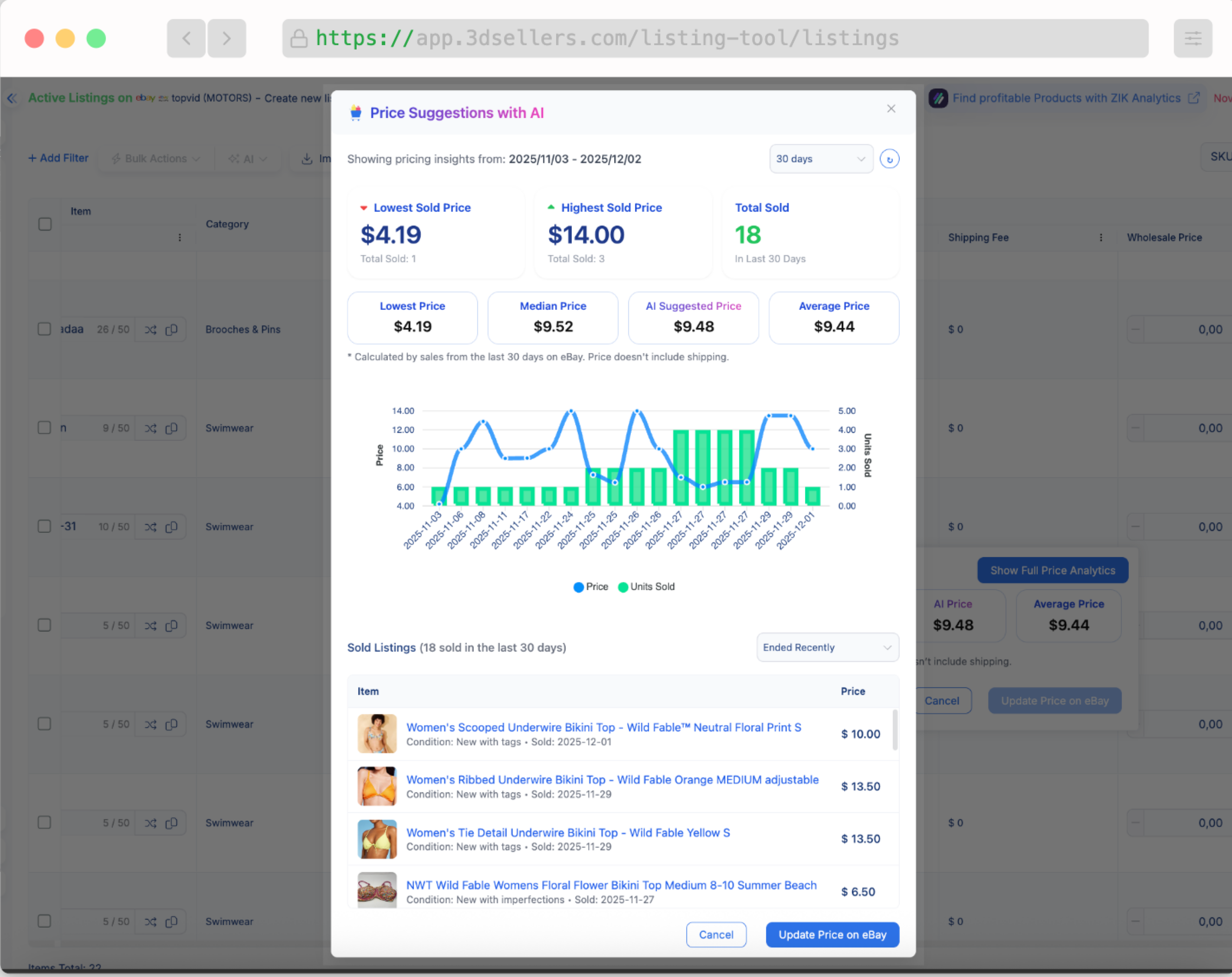 3Dsellers Price Analytics dashboard with comparable prices, pricing trends, and example listings