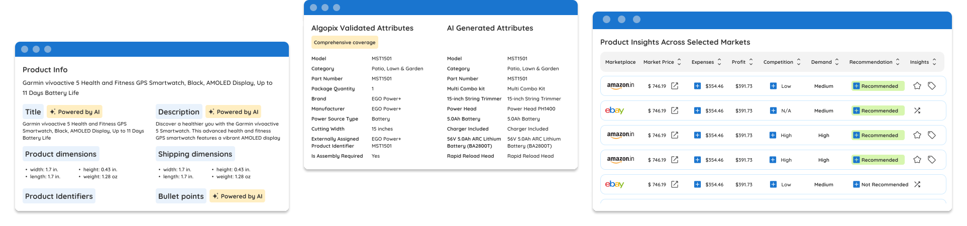 Algopix product-analysis illustration with product details, attributes, and marketplace comparisons
