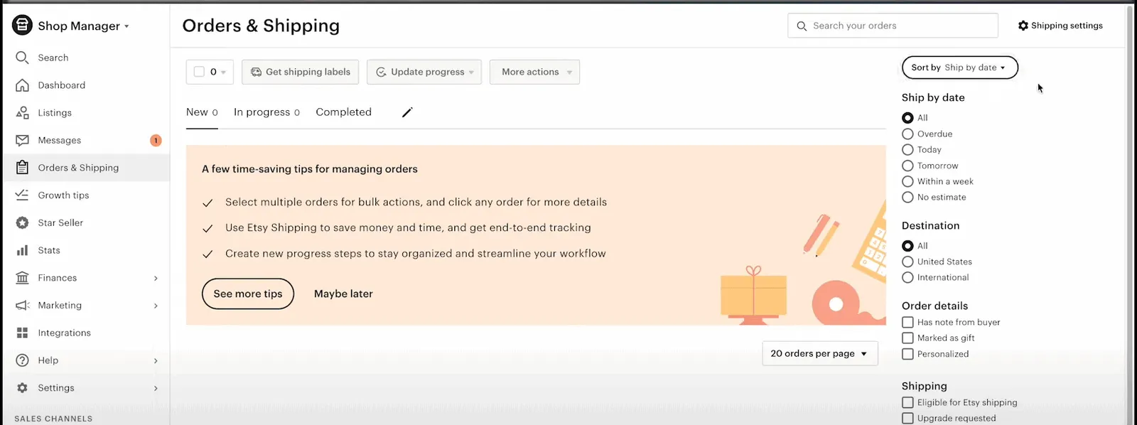 etsy dashboard Order and shipping