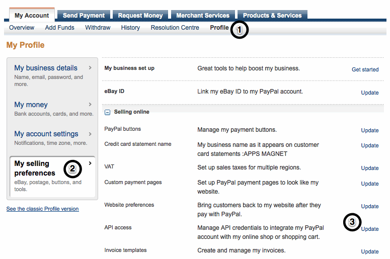 PayPal API access setup