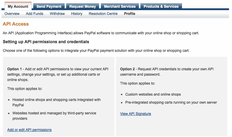 Viewing your API details in PayPal