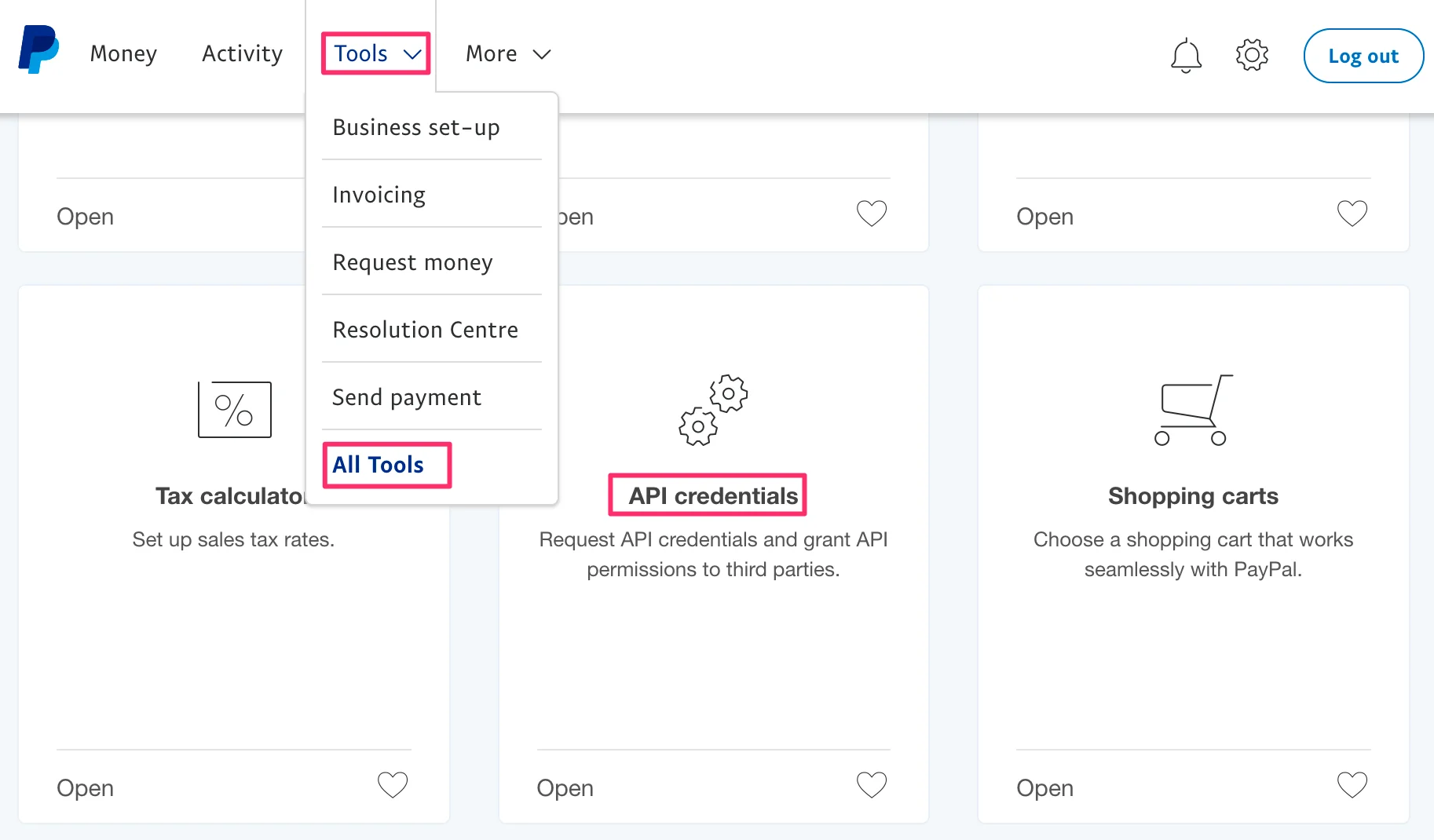 Go to Tools, All Tools and find the API credentials option