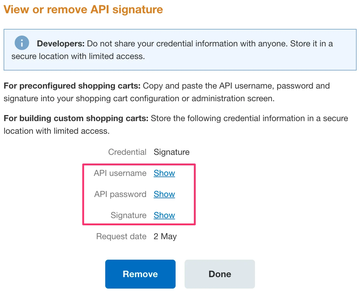 View or remove your API signature