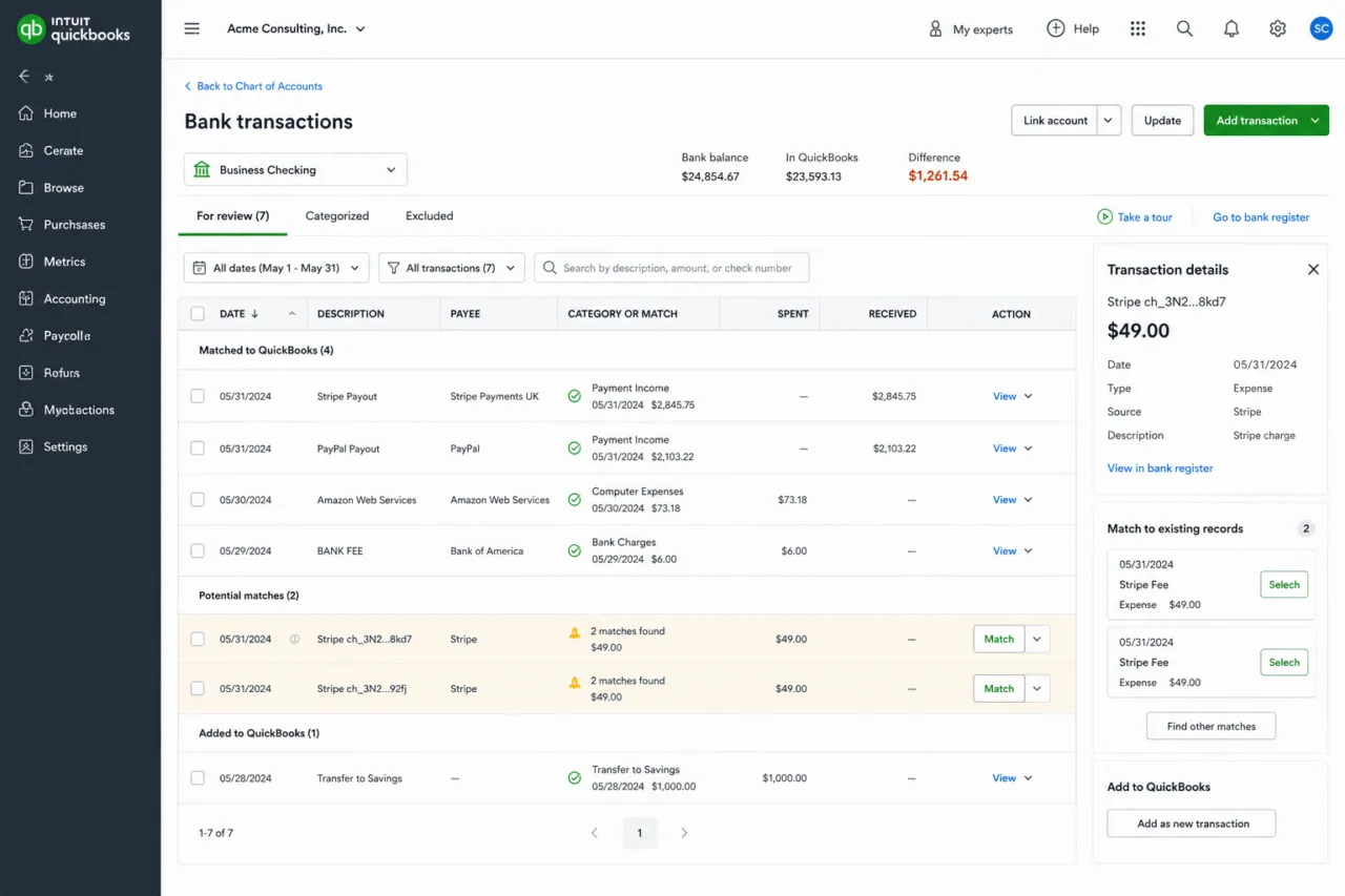 PayPal and Stripe revenue: Quickbooks