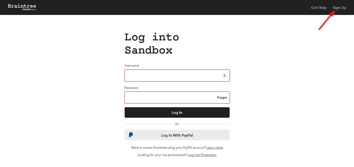 Braintree login screen