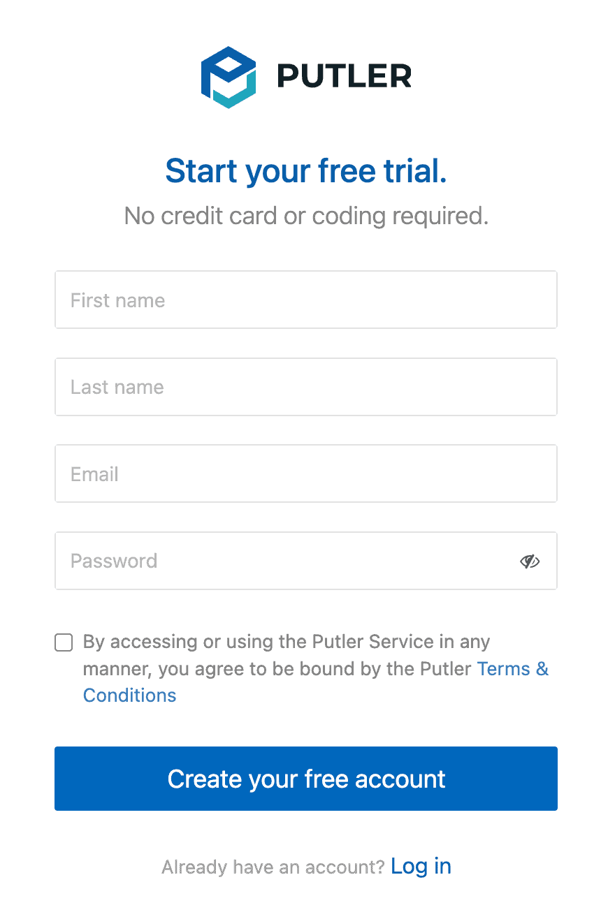 Putler sign-up screen