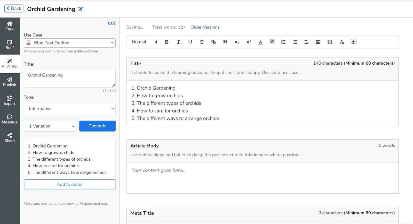 Narrato AI Content outlines