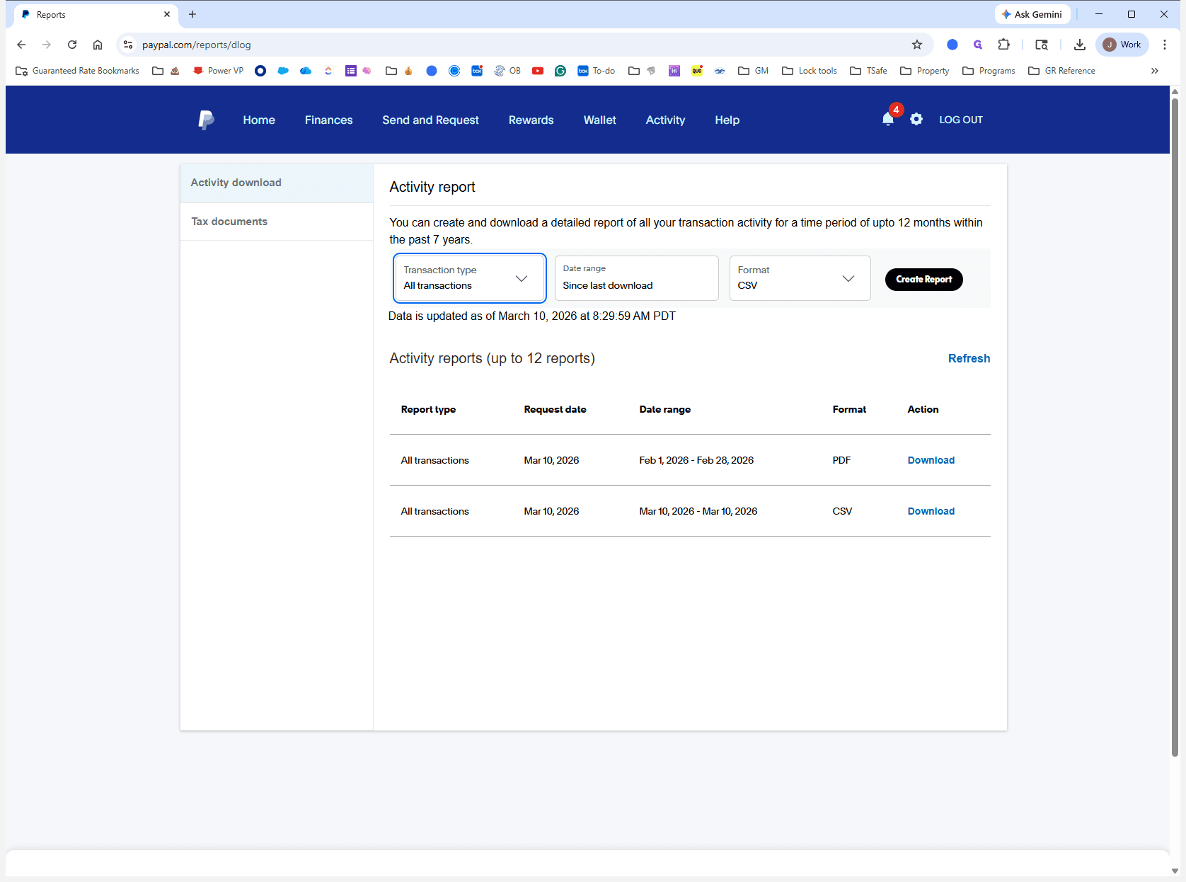 PayPal Activity Download interface