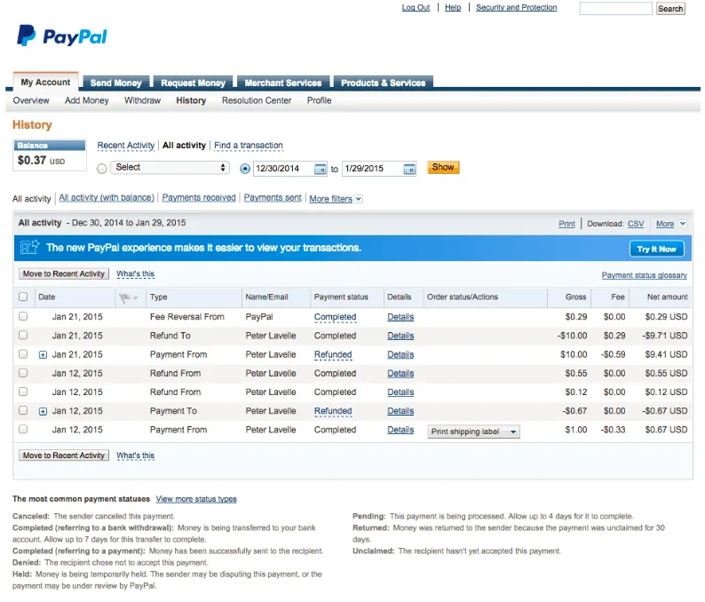 PayPal transaction detail report