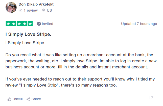 Stripe review on TrustPilot
