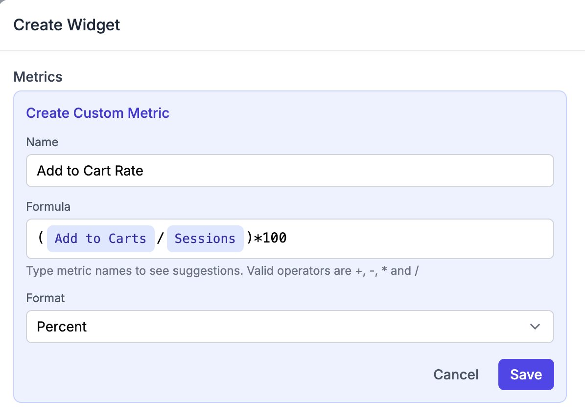 ThoughtMetric custom metric editor with a formula and output format