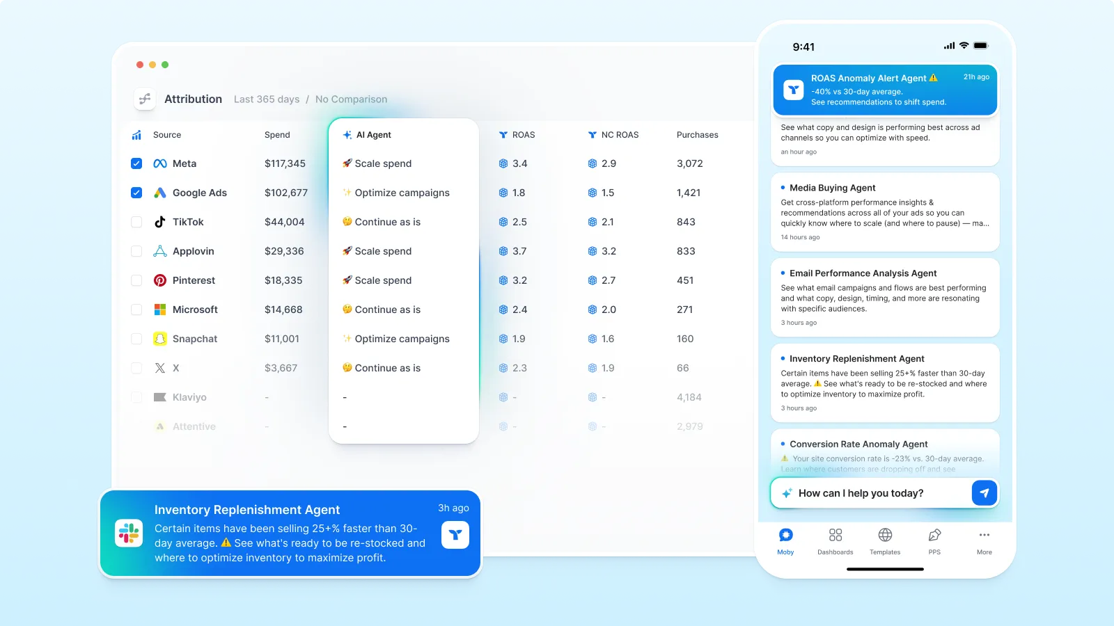 Triple Whale attribution dashboard comparing channel spend, ROAS and purchases