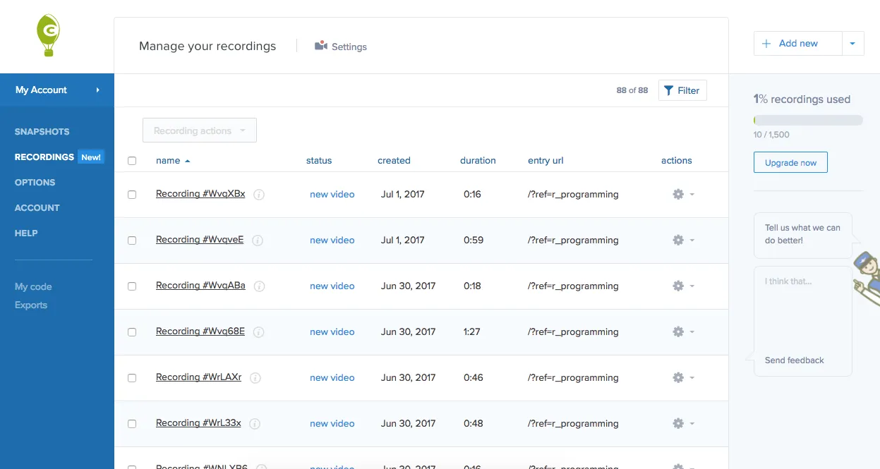 Crazy Egg dashboard