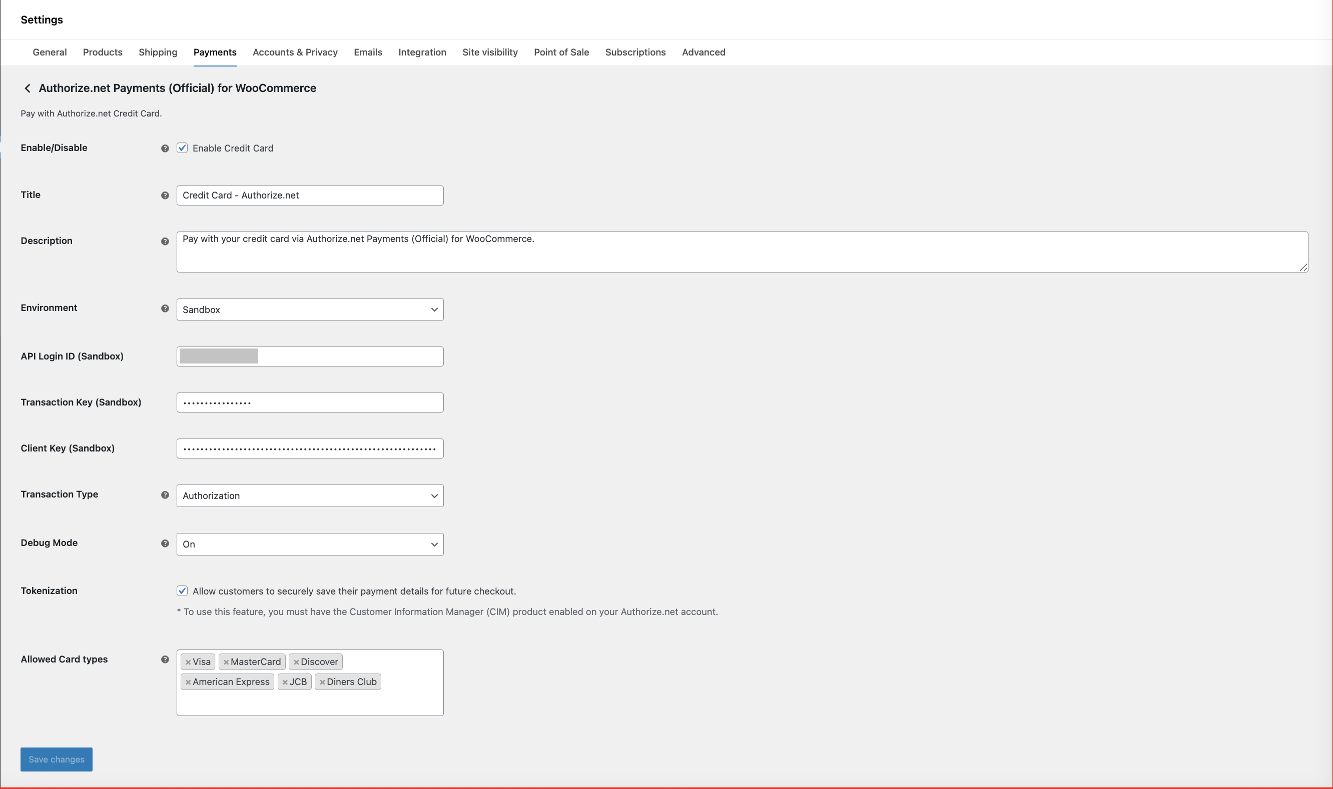 Authorize.net Payments for WooCommerce settings