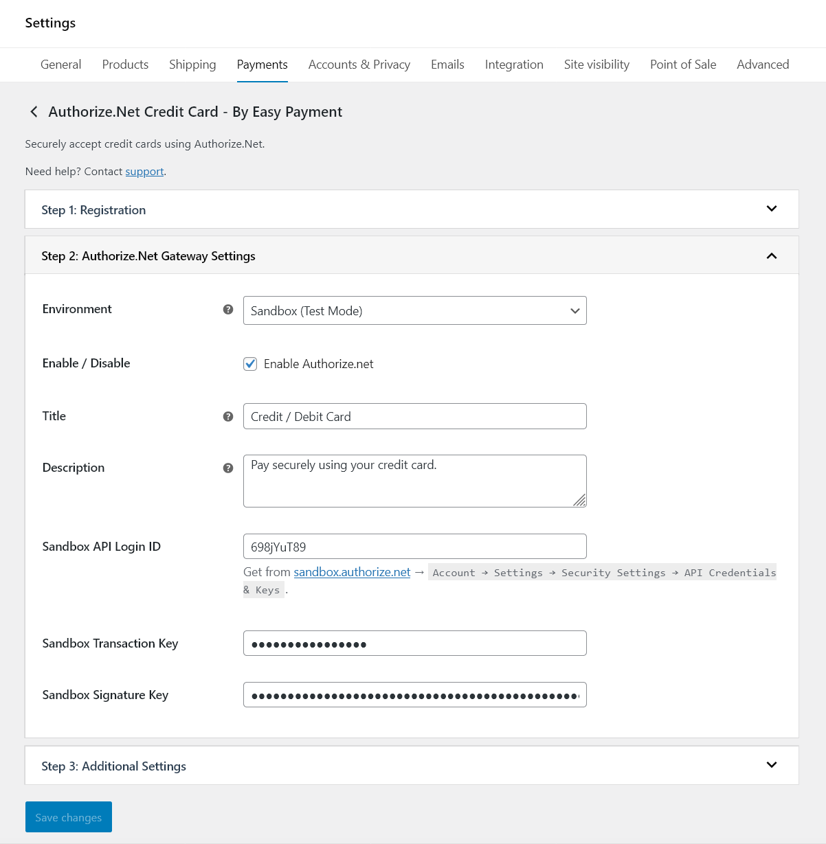 Easy Payment Authorize.net settings