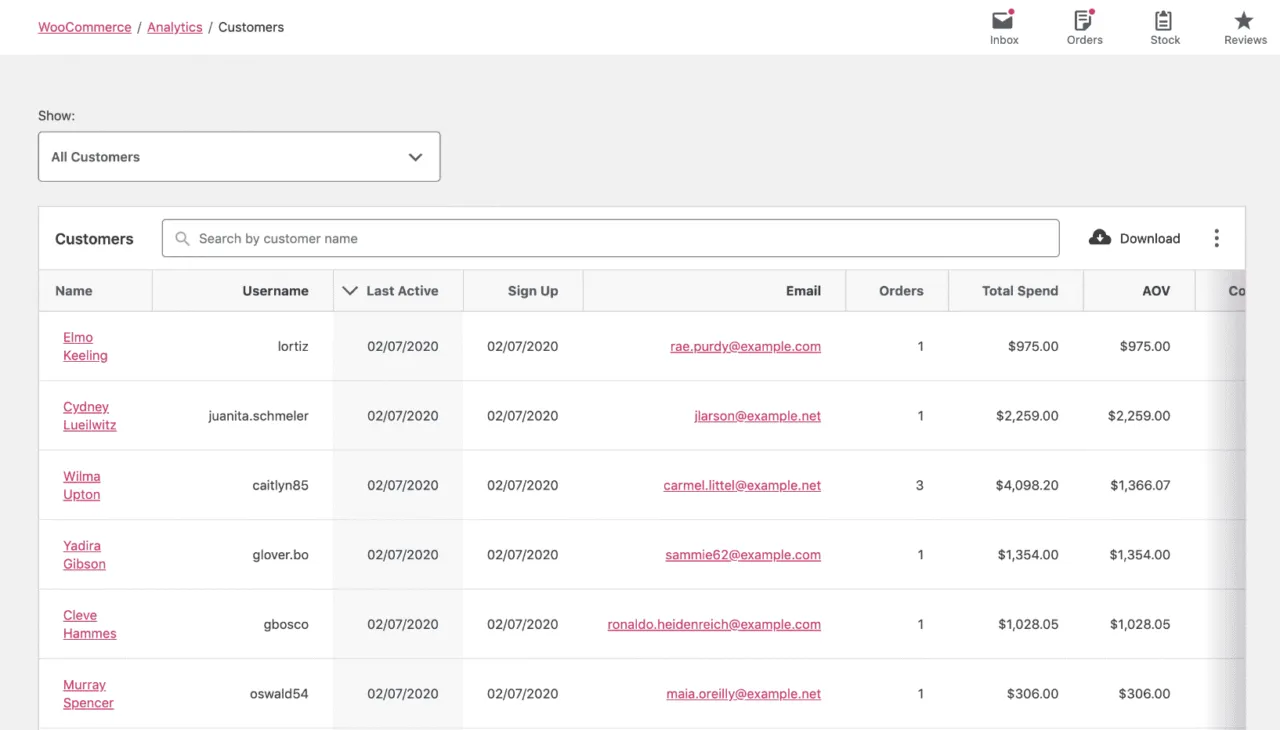 WooCommerce Analytics export customers