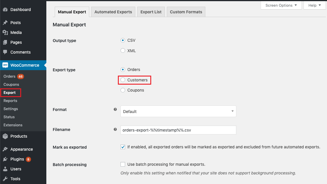 WooCommerce export customers settings