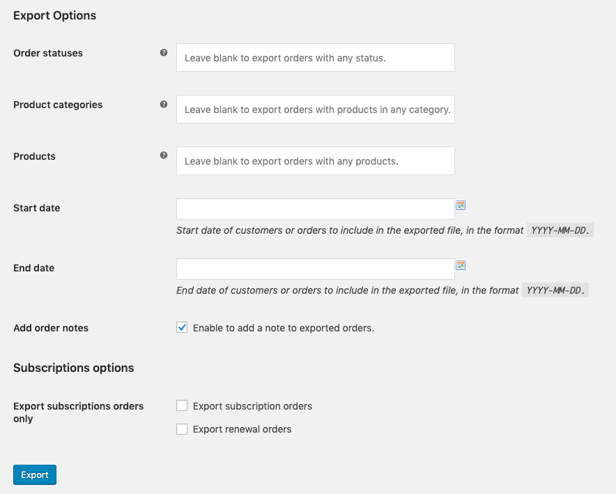WooCommerce export orders bulk options