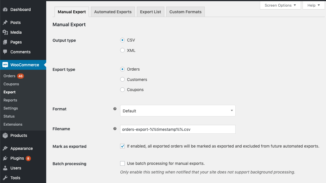 WooCommerce export orders settings