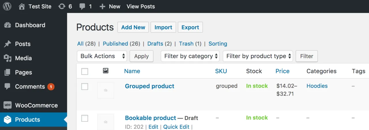 WooCommerce product export button