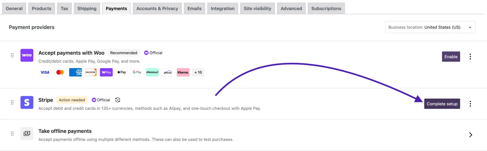 WooCommerce payments settings with the Stripe Complete setup button highlighted