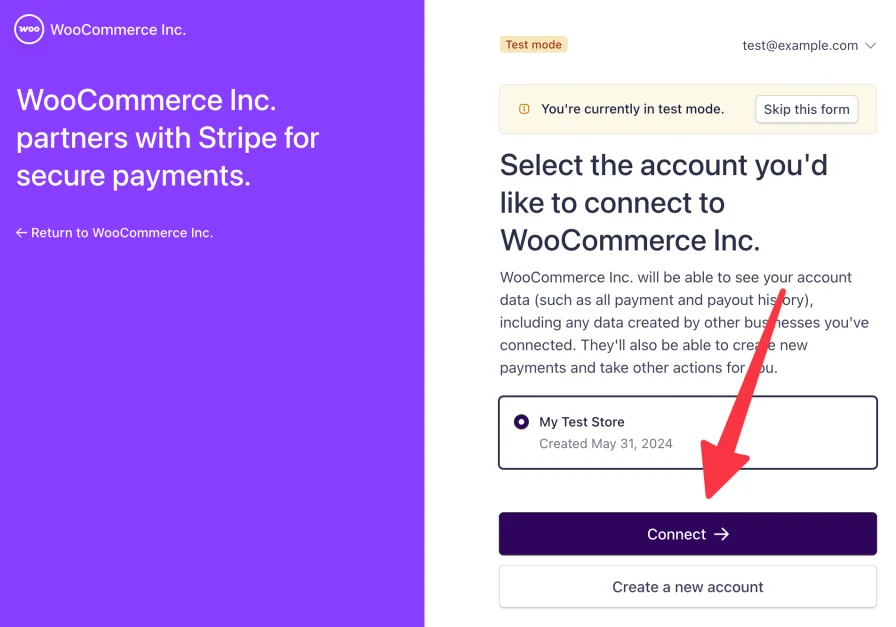 Stripe test-mode authorization screen with an example test store and Connect button