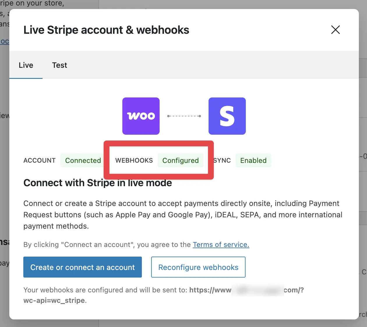 Stripe connection dialog showing Live webhooks configured alongside account and sync status