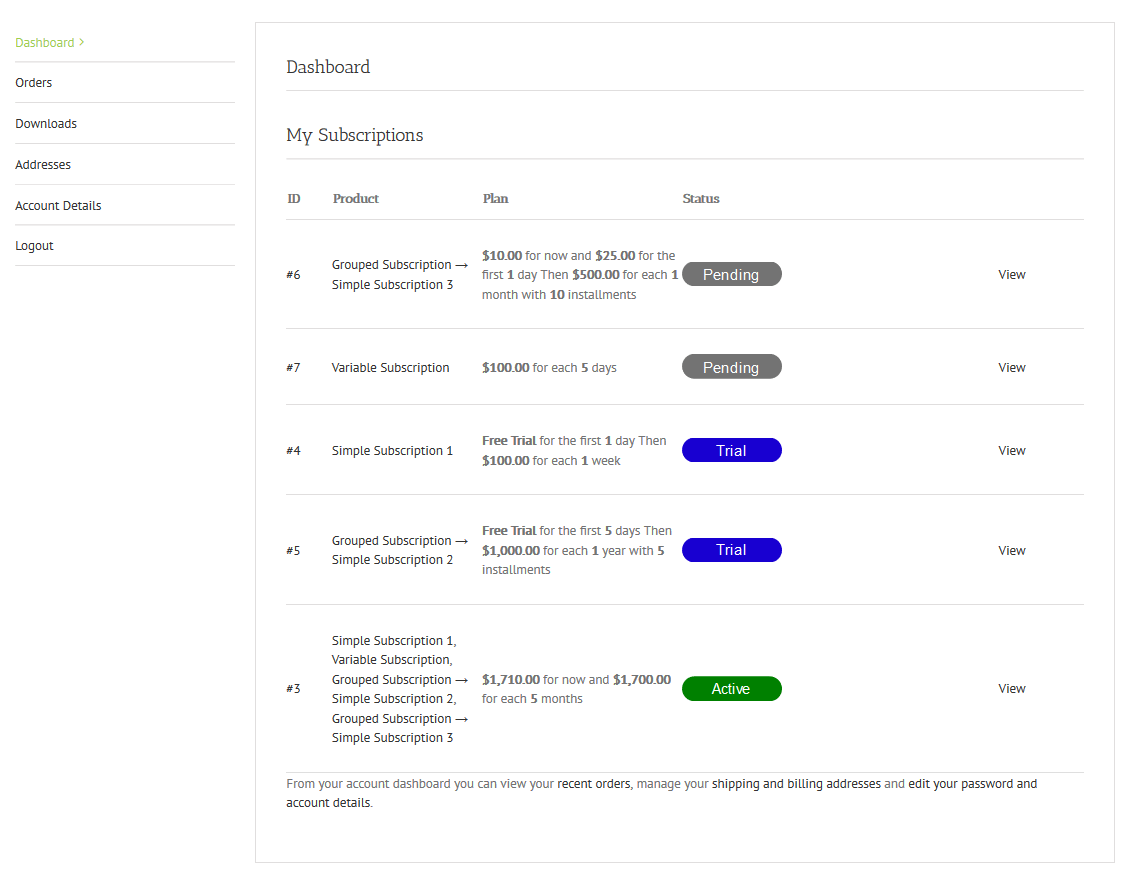SUMO Subscriptions WooCommerce plugin dashboard