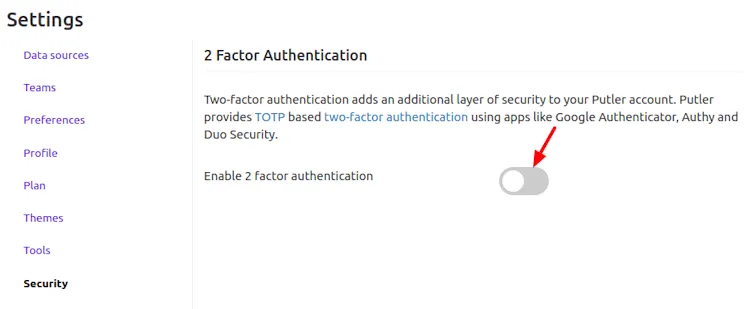 ‘Putler 2fa enable setting’