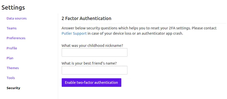 ‘Putler 2fa recovery setting’