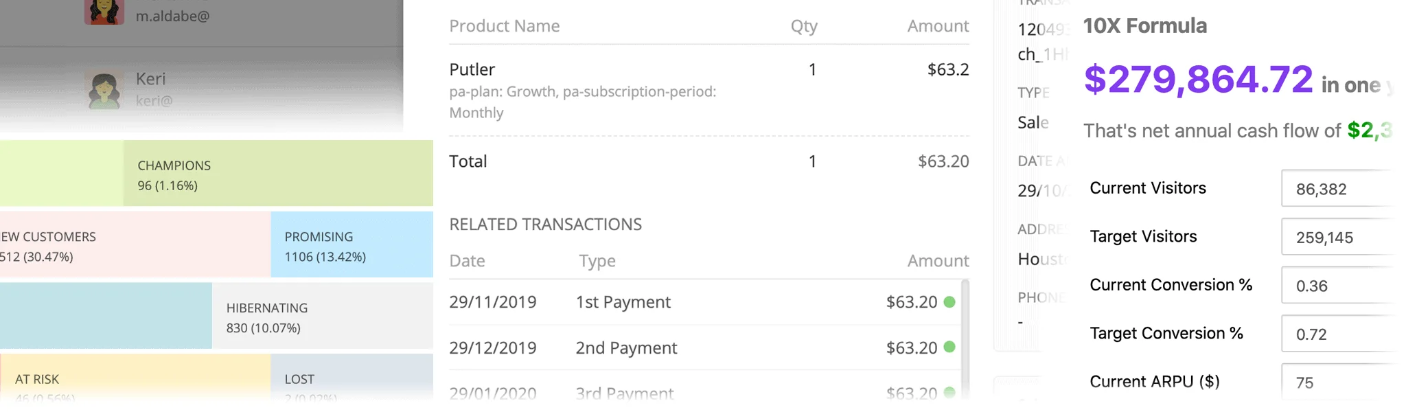 RFM analysis, order details, growth planning tools in Putler